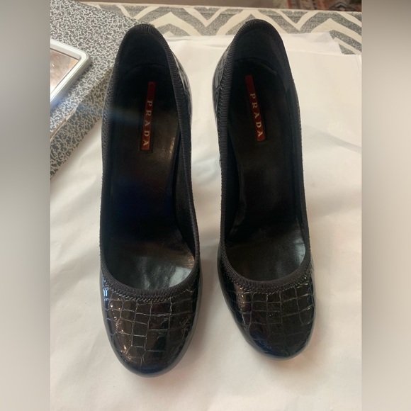 Prada Black Croc-Embossed Pumps - Picture 1 of 9